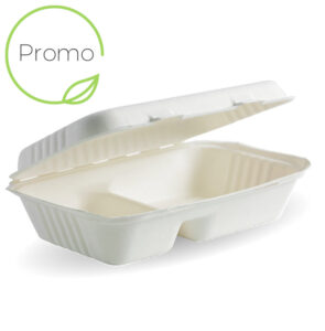 Bioco 50 caserole biodegradabile cu doua compartimente, capac rabatabil, 23x15 cm.