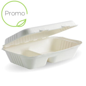 Bioco 50 caserole biodegradabile cu doua compartimente, capac rabatabil, 23x15 cm.