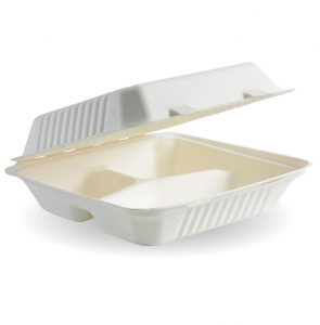 Bioco 50 caserole biodegradabile cu trei compartimente, capac rabatabil, 23x23cm.
