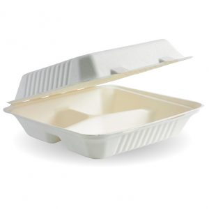 Bioco 50 caserole biodegradabile cu trei compartimente, capac rabatabil, 23x23cm.