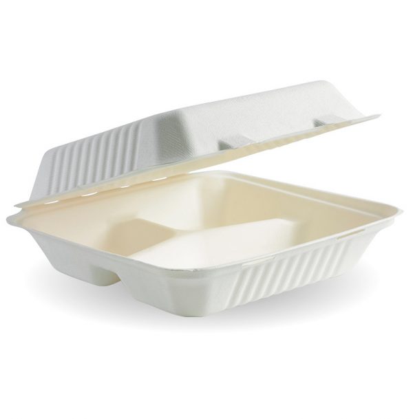 Bioco 50 caserole biodegradabile cu trei compartimente, capac rabatabil, 23x23cm.