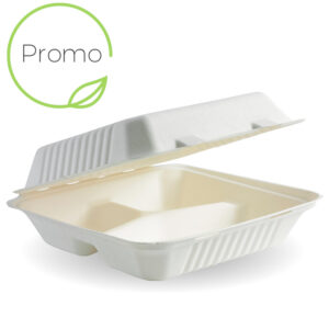 Bioco 50 caserole biodegradabile cu trei compartimente, capac rabatabil, 23x23cm.