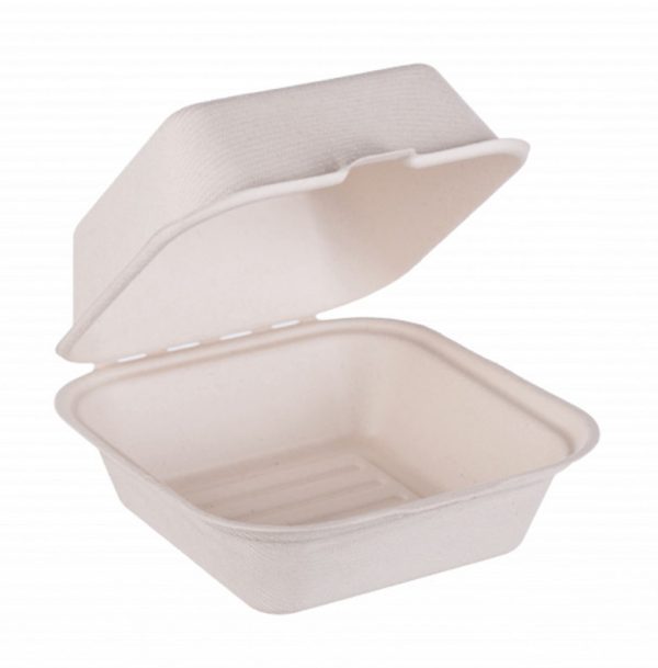 Bioco 125 caserole biodegradabile hamburger cu capac rabatabil, 15x15 cm.
