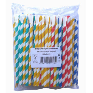Bioco 125 paie cu lingura, dungi color, din hartie, biodegradabile si compostabile, 200xØ8mm