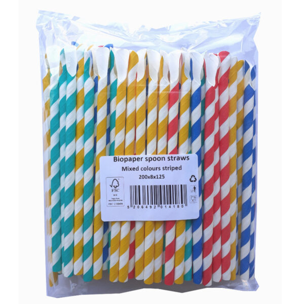 Bioco 125 paie cu lingura, dungi color, din hartie, biodegradabile si compostabile, 200xØ8mm