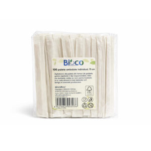 Set 100 paletine din lemn Bioco, 11 cm, ambalate individual pentru un plus de igienă. Ideale pentru espresso, automate vending, cafenele și birouri.