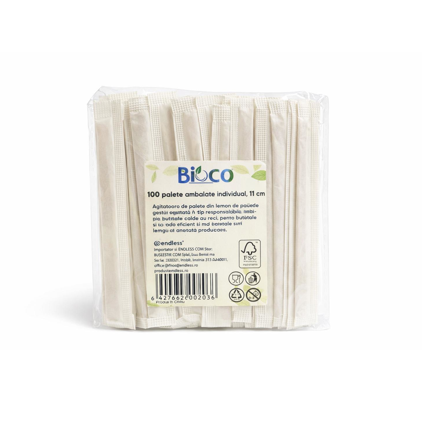 Set 100 paletine din lemn Bioco, 11 cm, ambalate individual pentru un plus de igienă. Ideale pentru espresso, automate vending, cafenele și birouri.