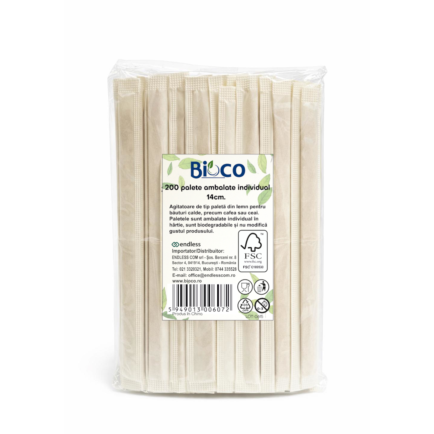 Bioco 200 paletine din lemn, pentru cafea, ambalate individual, 14cm