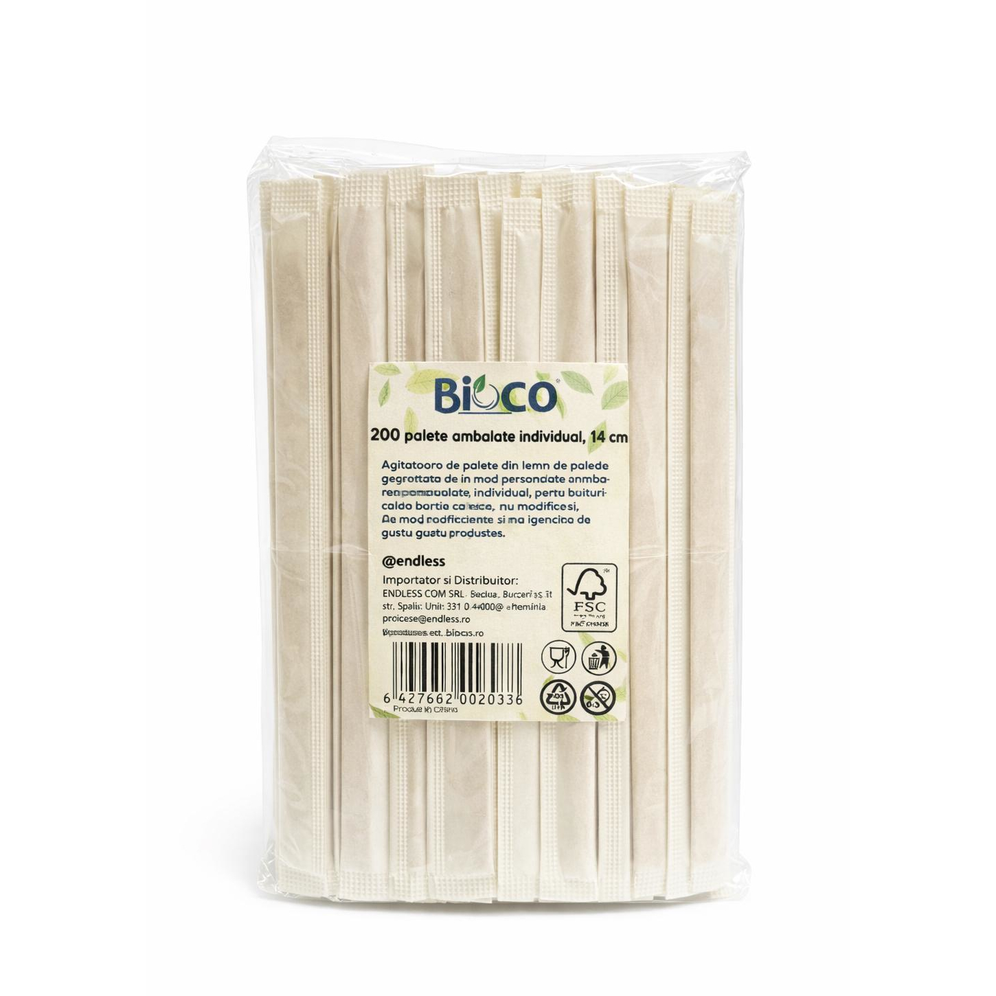 Bioco 200 paletine din lemn, pentru cafea, ambalate individual, 14cm