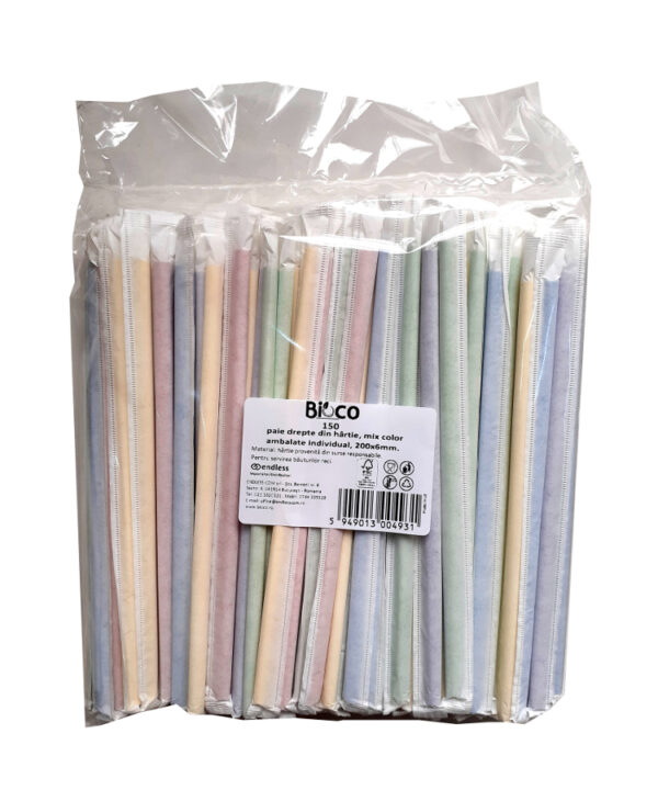Bioco 150 paie mix color, drepte, din hartie, ambalate individual, biodegradabile si compostabile, 200xØ6mm