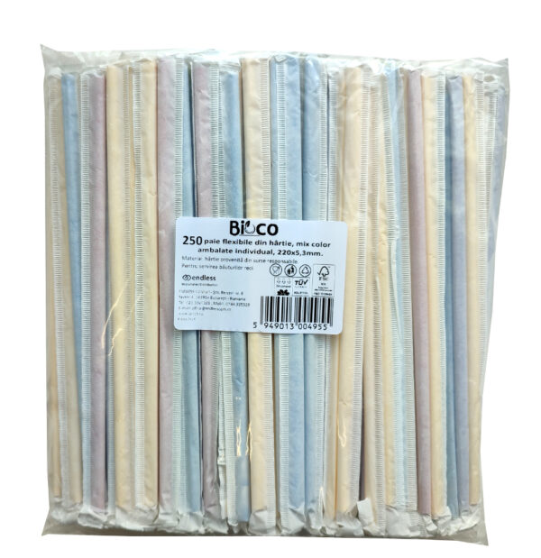 Bioco 250 paie color, flexibile, din hartie, ambalate individual, biodegradabile si compostabile, 220xØ5.3mm